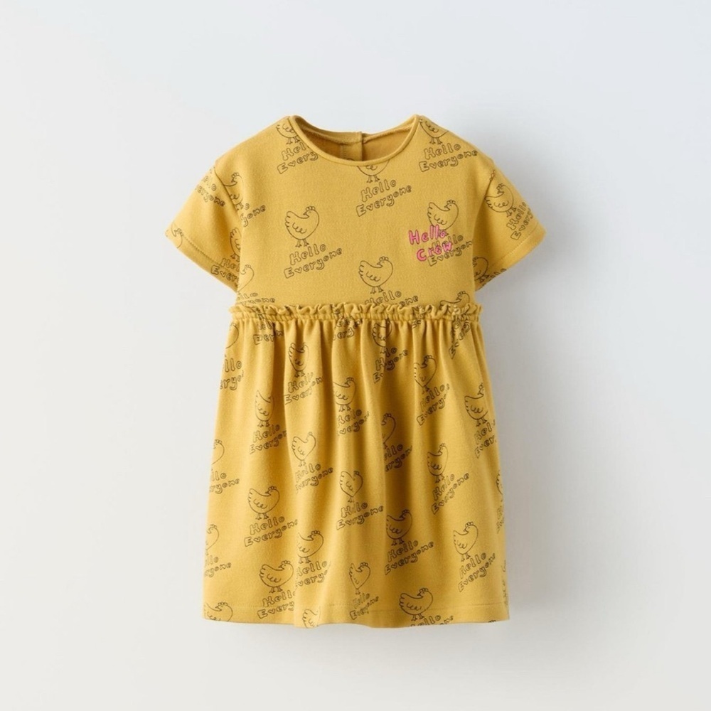 NWT Zara girls yellow cotton farm chick chicken print dress size 18-24 months